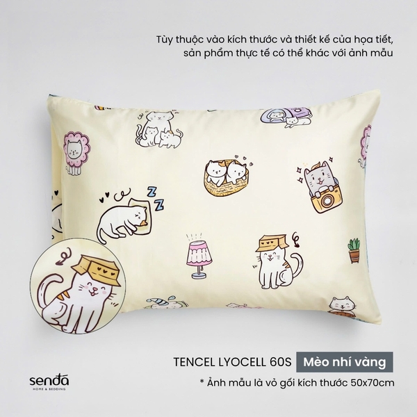 Vỏ gối nằm cho bé đi học Lụa Tencel họa tiết - Mèo nhí vàng