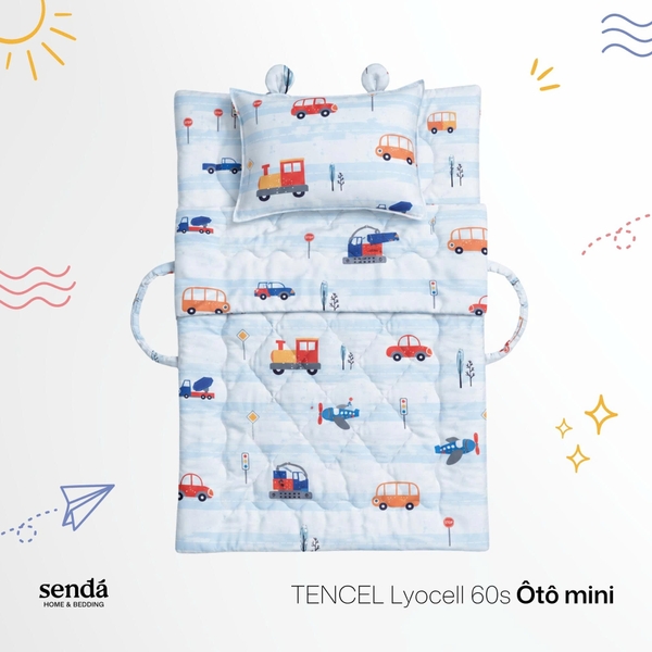 Bộ chăn gối nệm cho bé gấp gọn 5 trong 1 Lụa Tencel họa tiết - Ô tô mini