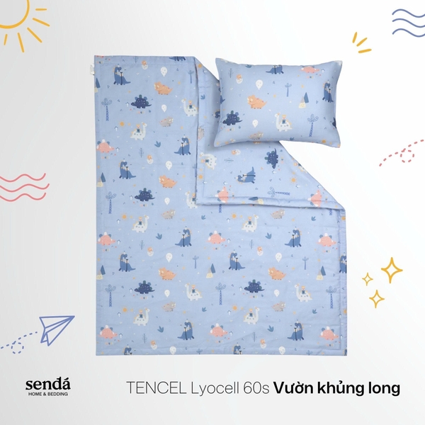 Bộ chăn gối cho bé đi học Lụa Tencel họa tiết - Vườn khủng long