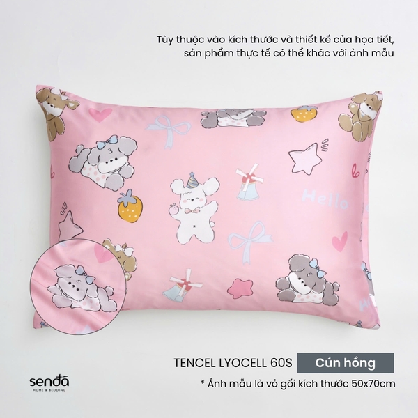 Vỏ gối nằm cho bé đi học Lụa Tencel họa tiết - Cún hồng