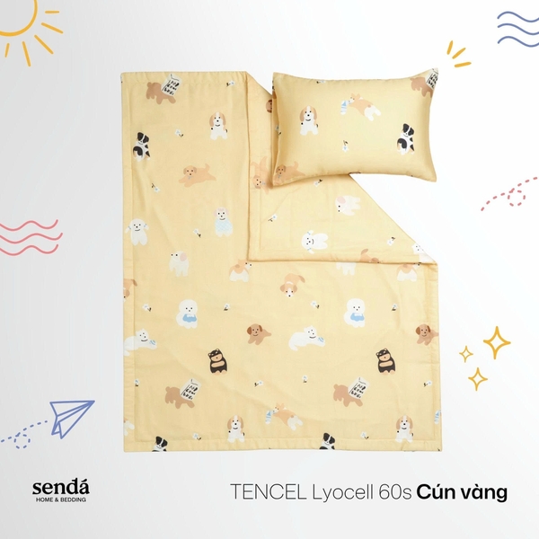 Bộ chăn gối cho bé đi học Lụa Tencel họa tiết - Cún vàng