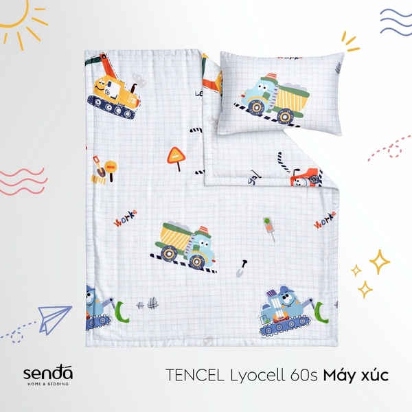 Bộ chăn gối cho bé đi học Lụa Tencel họa tiết - Máy xúc