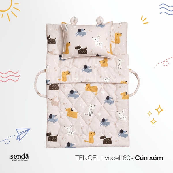 Bộ chăn gối nệm cho bé gấp gọn 5 trong 1 Lụa Tencel họa tiết - Cún xám
