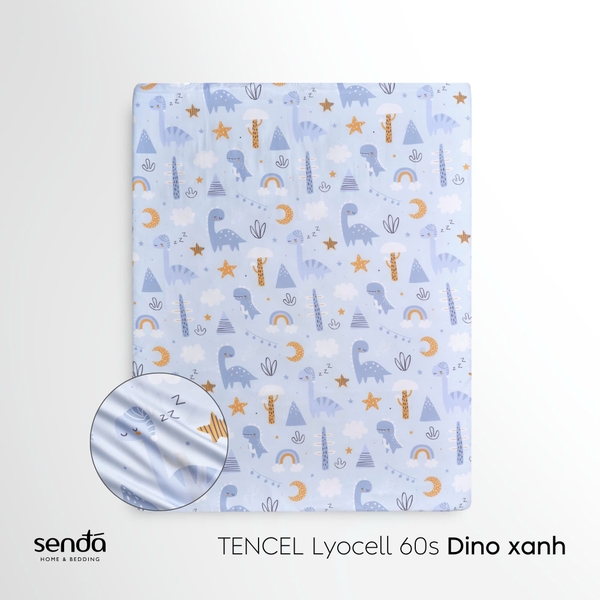 Bộ ga gối 3 món cho bé Lụa Tencel họa tiết - Dino xanh