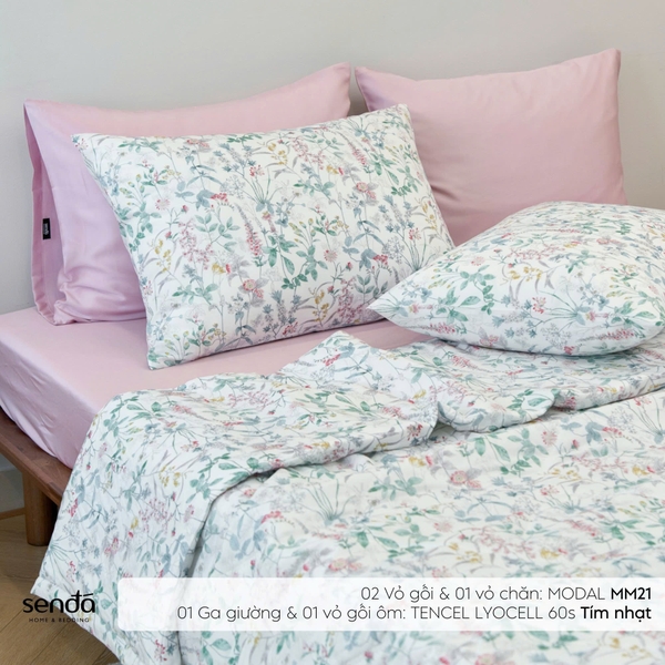 Bộ chăn ga gối 4 món (chăn chần bông) Micro Modal họa tiết - MM21
