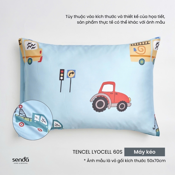 Vỏ gối nằm cho bé đi học Lụa Tencel họa tiết - Máy kéo