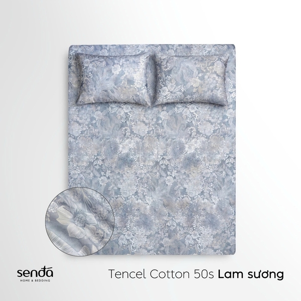 Bộ ga gối 3 món Tencel Cotton họa tiết - Lam sương