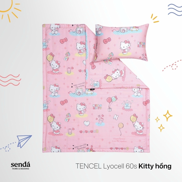 Bộ chăn gối cho bé đi học Lụa Tencel họa tiết - Kitty hồng