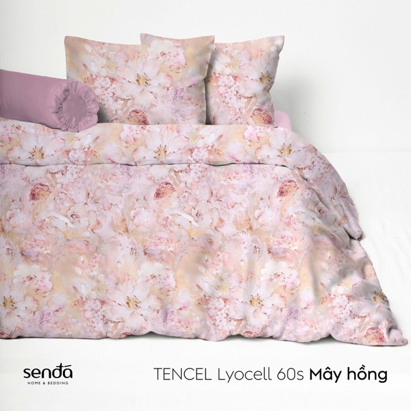 Bộ chăn ga gối 5 món Lụa Tencel 60S họa tiết - Mây hồng