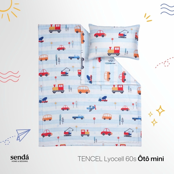 Bộ chăn gối cho bé đi học Lụa Tencel họa tiết - Ô tô mini