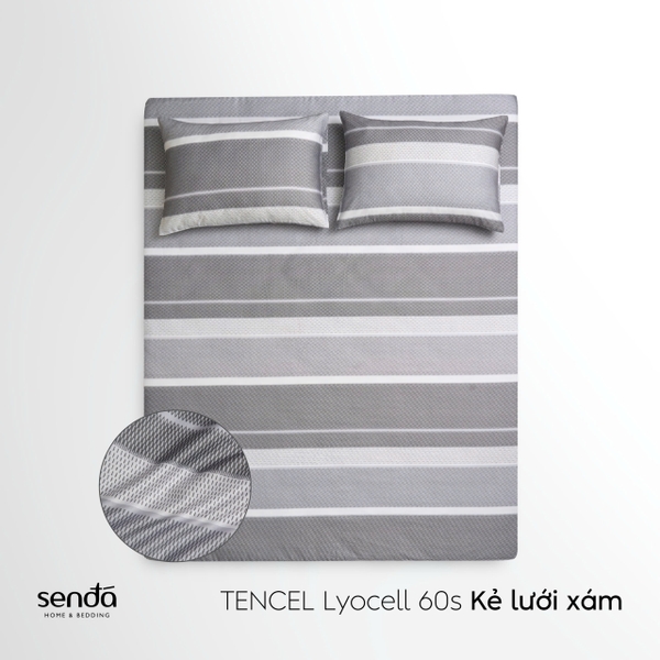 Bộ ga gối 3 món Lụa Tencel 60S họa tiết - Kẻ lưới xám
