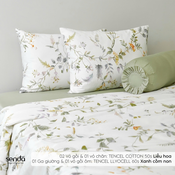 Bộ chăn ga gối 5 món Tencel Cotton họa tiết - Liễu hoa