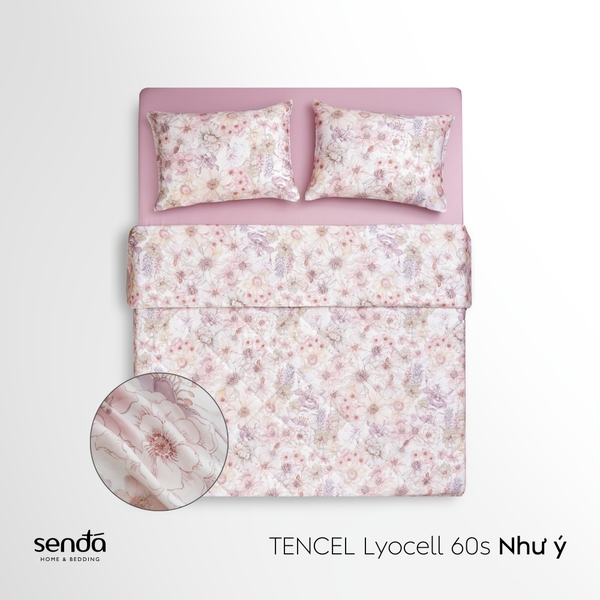 Bộ chăn ga gối 4 món (chăn chần bông) Lụa Tencel 60S họa tiết - Như ý