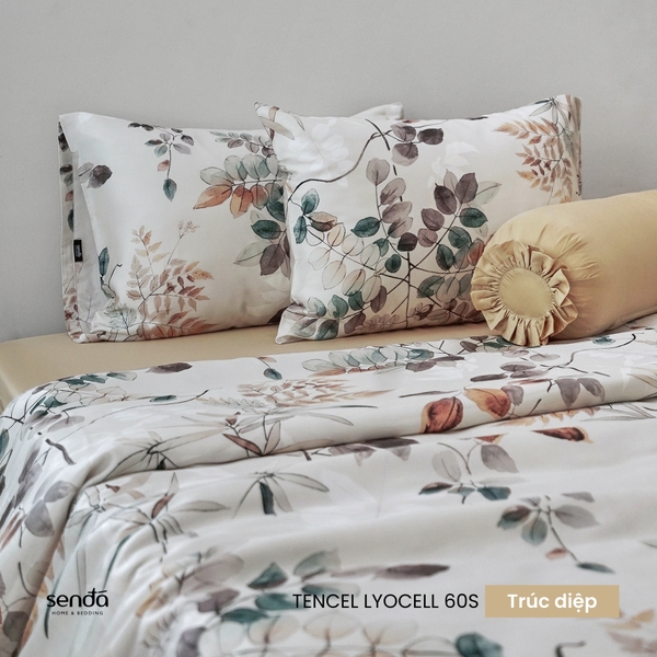 Bộ chăn ga gối 5 món Lụa Tencel 60S họa tiết - Trúc diệp