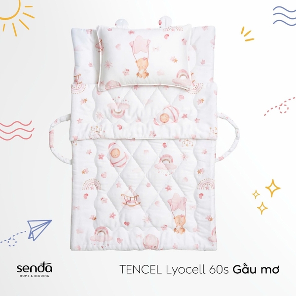 Bộ chăn gối nệm cho bé gấp gọn 5 trong 1 Lụa Tencel họa tiết - Gấu mơ