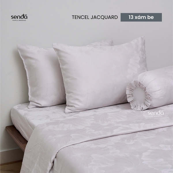 Bộ chăn ga gối 5 món Lụa Tencel Jacquard vân gấm - 13 xám be