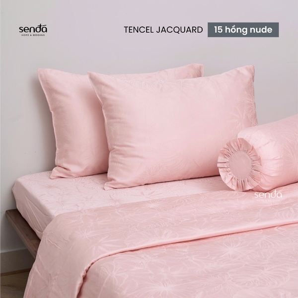 Bộ chăn ga gối 5 món Lụa Tencel Jacquard vân gấm - 15 hồng nude