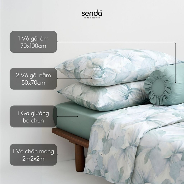 Bộ chăn ga gối 5 món Tencel Cotton họa tiết - Liễu hoa
