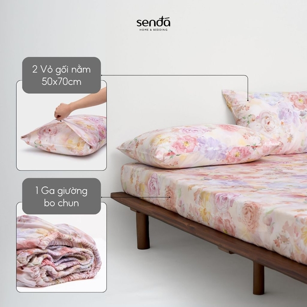 Bộ ga gối 3 món Tencel Cotton họa tiết - Liễu hoa