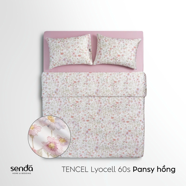 Vỏ chăn chần bông Lụa Tencel 60S họa tiết - Pansy hồng