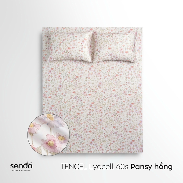 Bộ ga gối 3 món Lụa Tencel 60S họa tiết - Pansy hồng