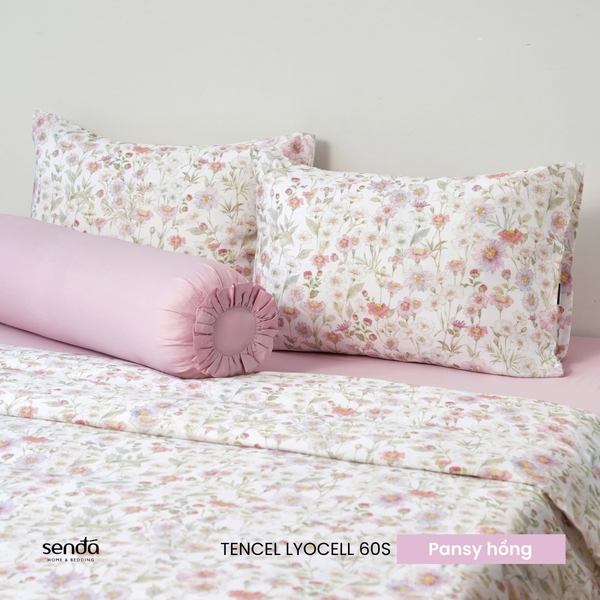 Bộ chăn ga gối 5 món Lụa Tencel 60S họa tiết - Pansy hồng