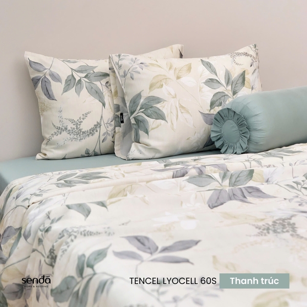 Bộ chăn ga gối 5 món Lụa Tencel 60S họa tiết - Thanh trúc