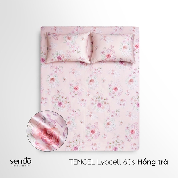 Bộ ga gối 3 món Lụa Tencel 60S họa tiết - Hồng trà