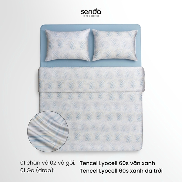 Vỏ chăn chần bông Lụa Tencel 60S họa tiết - Vân xanh