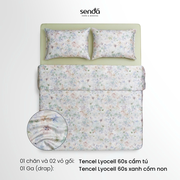 Bộ chăn ga gối 4 món (chăn chần bông) Lụa Tencel 60S họa tiết - Cẩm tú
