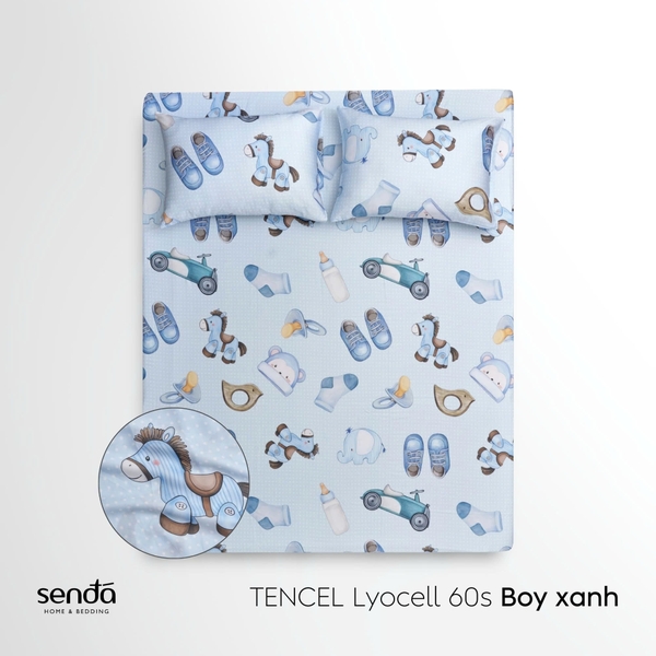 Bộ ga gối 3 món cho bé Lụa Tencel họa tiết - Boy xanh