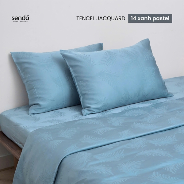 Bộ chăn ga gối 4 món Lụa Tencel Jacquard vân gấm - 14 xanh pastel