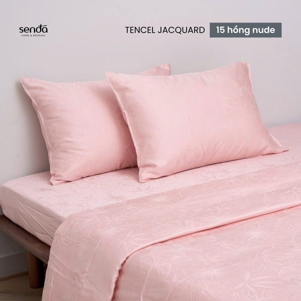 Bộ chăn ga gối 4 món Lụa Tencel Jacquard vân gấm - 15 hồng nude