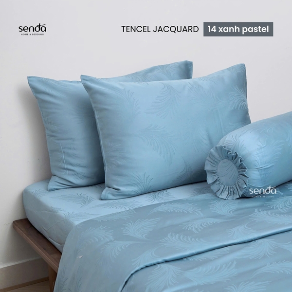 Bộ chăn ga gối 5 món Lụa Tencel Jacquard vân gấm - 14 xanh pastel