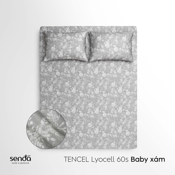 Bộ ga gối 3 món Lụa Tencel 60S họa tiết - Baby xám