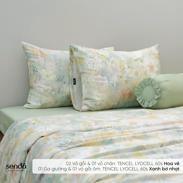 Bộ chăn ga gối 5 món Lụa Tencel 60S họa tiết - Hoa vẽ