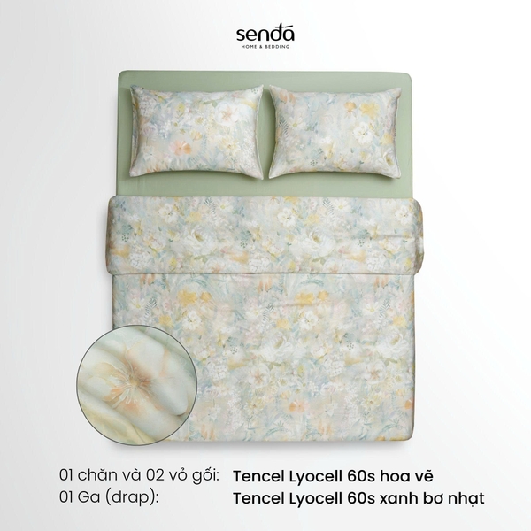 Bộ chăn ga gối 4 món (chăn chần bông) Lụa Tencel 60S họa tiết - Hoa vẽ