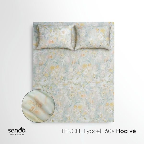 Bộ ga gối 3 món Lụa Tencel 60S họa tiết - Hoa vẽ