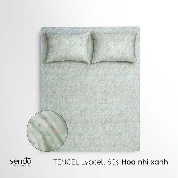 Bộ ga gối 3 món Lụa Tencel 60S họa tiết - Hoa nhí xanh
