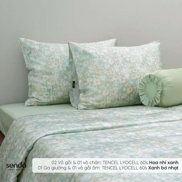 Bộ chăn ga gối 5 món Lụa Tencel 60S họa tiết - Hoa nhí xanh