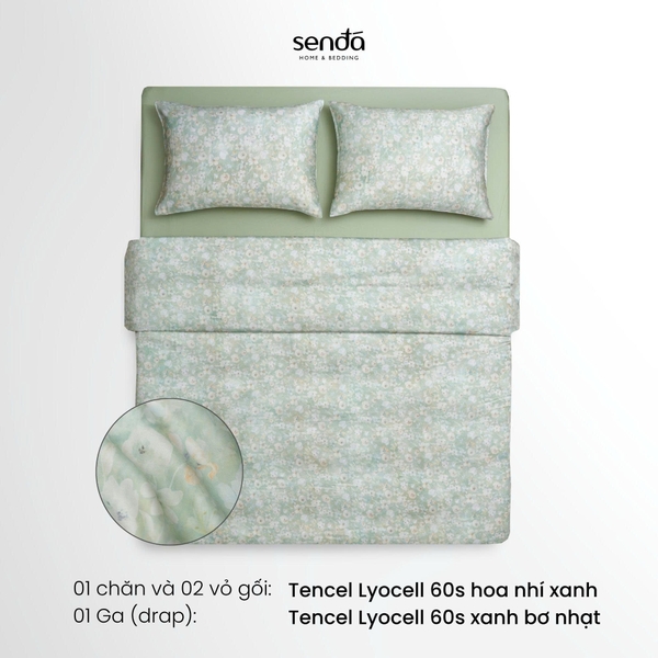 Bộ chăn ga gối 4 món (chăn chần bông) Lụa Tencel 60S họa tiết - Hoa nhí xanh