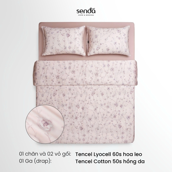 Bộ chăn ga gối 4 món (chăn chần bông) Lụa Tencel 60S họa tiết - Hoa leo