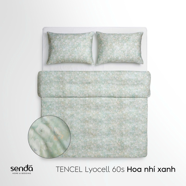 Vỏ chăn chần bông Lụa Tencel 60S họa tiết - Hoa nhí xanh