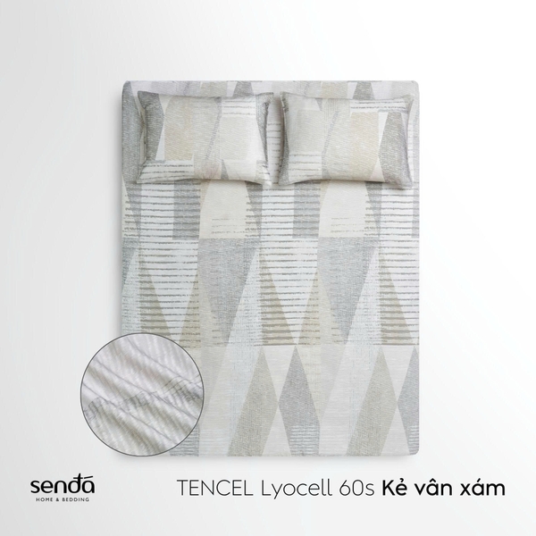Bộ ga gối 3 món Lụa Tencel 60S họa tiết - Kẻ vân xám