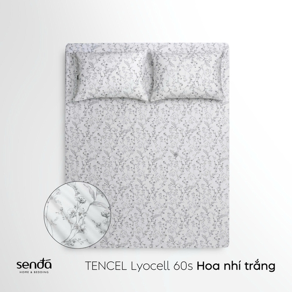 Bộ ga gối 3 món Lụa Tencel 60S họa tiết - Hoa nhí trắng
