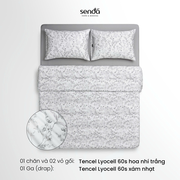 Bộ chăn ga gối 4 món (chăn chần bông) Lụa Tencel 60S họa tiết - Hoa nhí trắng