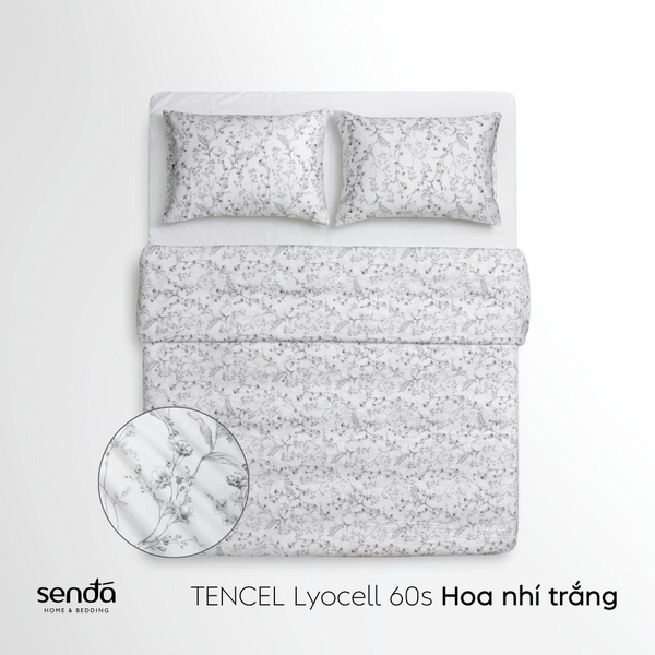Vỏ chăn chần bông Lụa Tencel 60S họa tiết - Hoa nhí trắng