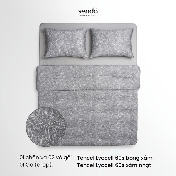 Bộ chăn ga gối 4 món (chăn chần bông) Lụa Tencel 60S họa tiết - Bông xám