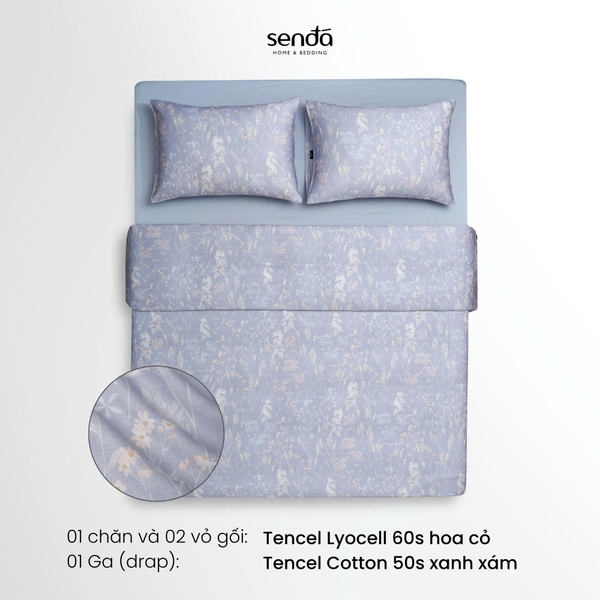 Bộ chăn ga gối 4 món (chăn chần bông) Lụa Tencel 60S họa tiết - Hoa cỏ