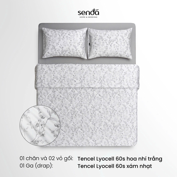 Vỏ chăn chần bông Lụa Tencel 60S họa tiết - Hoa nhí trắng